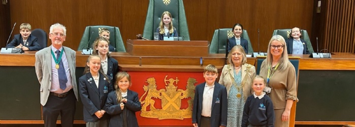 Pupils from Marine Academy Primary at the Council Chambers  stood with the Lord Mayor